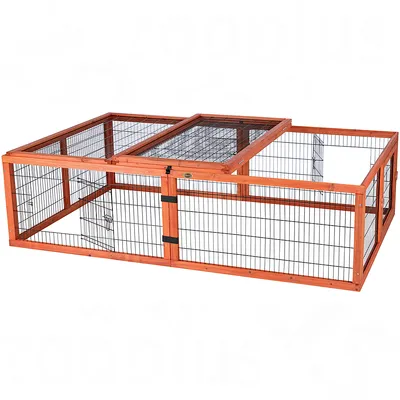 Wooden enclosure with metal mesh walls and plexiglass roof, rectangular shape, two doors for access.