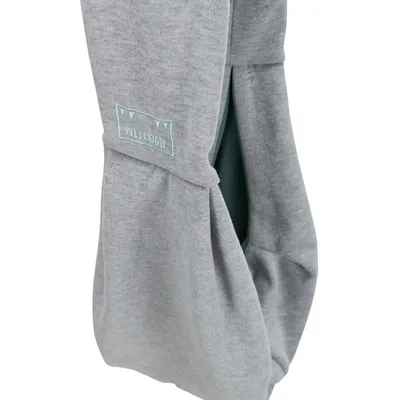 Grey fabric bag with green lining and embroidered 'Welcome' lettering in turquoise.