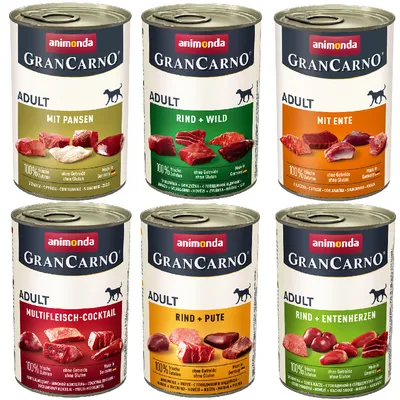 Шест консерви Animonda GranCarno Adult с видими етикети: Mit Pansen, Rind + Wild, Mit Ente, Multifleich-Cocktail, Rind + Pute, Rind + Entenherzen. Видими парчета месо на опаковките.
