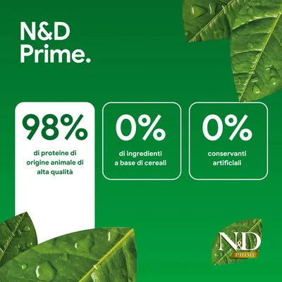 N&D Prime: 98% proteine animali, 0% ingredienti cereali, 0% conservanti artificiali. N&D Prime: 98% proteine animali, 0% ingredienti cereali, 0% conservanti artificiali.