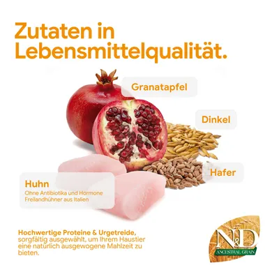 Zutaten in Lebensmittelqualität: Granatapfel, Dinkel, Hafer, Huhn ohne Antibiotika und Hormone. Hochwertige Proteine und Urgetreide für eine ausgewogene Mahlzeit. Zutaten in Lebensmittelqualität: Granatapfel, Dinkel, Hafer, Huhn ohne Antibiotika und Hormone. Hochwertige Proteine und Urgetreide für eine ausgewogene Mahlzeit.