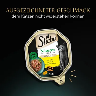 Sheba Nature's Collection in Sauce, mit Huhn garniert mit roter Paprika, 85g. Ausgezeichneter Geschmack, dem Katzen nicht widerstehen können.