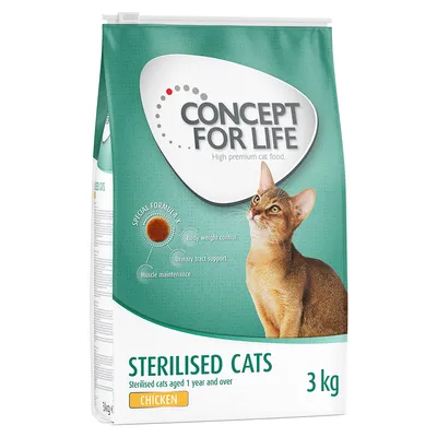 Concept for Life Sterilised Cats, prémium macskaeledel csirkével, ivartalanított macskáknak 1 évtől. Testsúlykontroll, húgyutak támogatása, izommegtartás. 3 kg-os csomag.