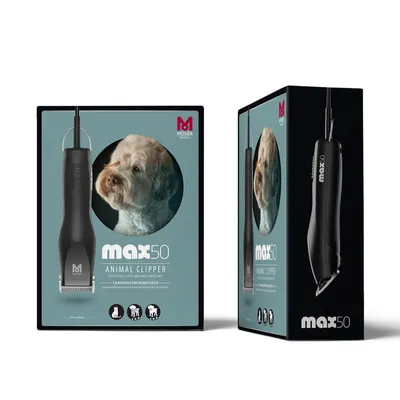 Moser max50 машинка за подстригване на животинска козина за големи кучета и котки. Опаковката показва изображение на продукта, куче и символи за видове животни.