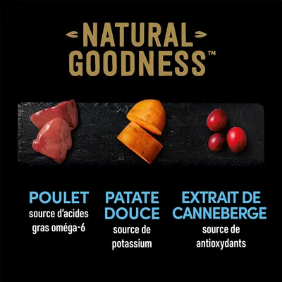 NATURAL GOODNESS. Poulet source d’acides gras oméga-6, patate douce source de potassium, extrait de canneberge source d’antioxydants.