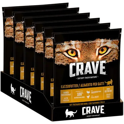 Višestruko pakiranje Crave hrane za mačke, vidljiv natpis 'CRAVE', 'Katzenfutter / Alimento per gatti', istaknuto: visok udio proteina, 100 % prirodna piletina, bez žitarica.