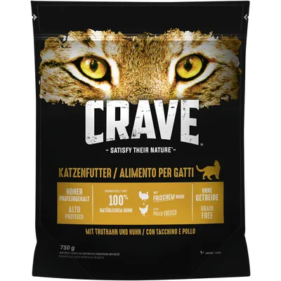 Crave karma dla kotów o wysokiej zawartości białka, z 100% naturalnym kurczakiem, świeżym kurczakiem, bez zbóż. Z indykiem i kurczakiem. Dla kotów od 1 roku. Opakowanie: 750 g.