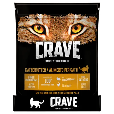 CRAVE Satisfy Their Nature, aliment pour chats, riche en protéines, 100 % poulet naturel, avec poulet frais, sans céréales. Texte multilingue visible sur l’emballage.