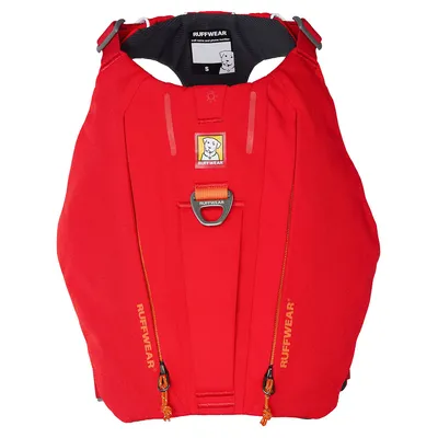 Ruffwear röd hundsele med metallring, storlek S, synlig logotyp och text: "Ruffwear" på sidorna.