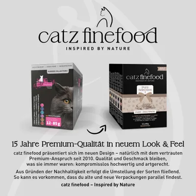 catz finefood zeigt altes und neues Verpackungsdesign. Hinweis: 15 Jahre Premium-Qualität, neues Look & Feel, gleiche hochwertige Rezeptur, nachhaltige Umstellung.