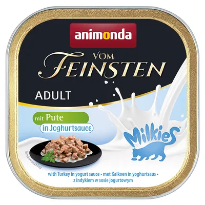 Animonda Vom Feinsten Adult with turkey in yoghurt sauce. Serving suggestion: pieces in sauce on plate. Milkies logo visible.
