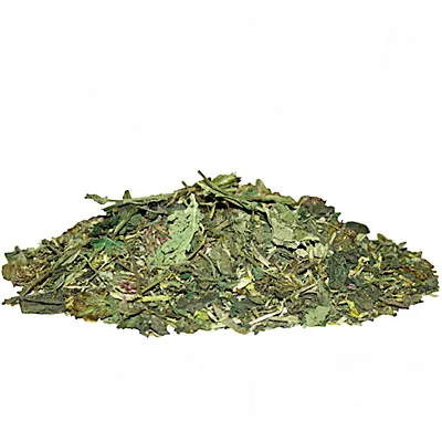 Pile of dried herbs and leaves, visible green and brown shades.