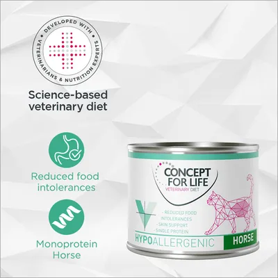 CONCEPT FOR LIFE Veterinary Diet Hypoallergenic Horse, dieta veterinaria per gatti, monoproteica, riduce intolleranze alimentari, supporto pelle. Testo in inglese sull'immagine.
