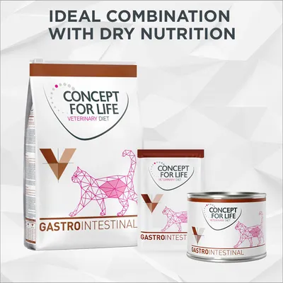 CONCEPT FOR LIFE Veterinary Diet Gastro Intestinal per gatti, visibili confezioni di crocchette, bustina e lattina. Testo in inglese: Ideal combination with dry nutrition.