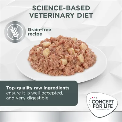 CONCEPT FOR LIFE Science-Based Veterinary Diet, ricetta senza cereali, ingredienti crudi di alta qualità, ben accettato e molto digeribile. Testo in inglese.