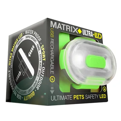 Luz LED recargable USB Matrix Ultra para mascotas, resistente al agua. Texto visible: ULTIMATE PETS SAFETY LED, SPORT, OUTDOOR, QUALITY, ULTRA MATRIX LED, SUPER BRIGHT.