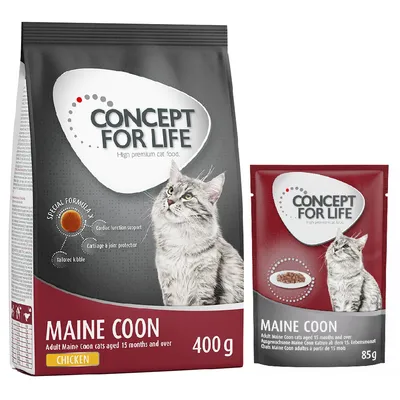 Concept for Life Maine Coon Katzenfutter, speziell für erwachsene Maine Coon Katzen ab 15 Monaten. Verpackungsgrößen: 400g und 85g. Geschmacksrichtung: Huhn.