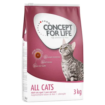 Concept for Life All Cats 3kg bag showing special formula for ideal weight maintenance, hairball function, and urinary tract health. For adult cats aged 1 year and over.