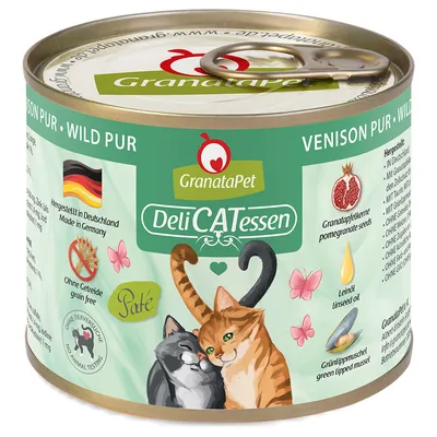 GranataPet DeliCATessen Venison Pur. Prodotto in Germania, senza cereali, senza test sugli animali. Ingredienti: semi di melagrana, olio di lino, cozza verde. Paté per gatti.