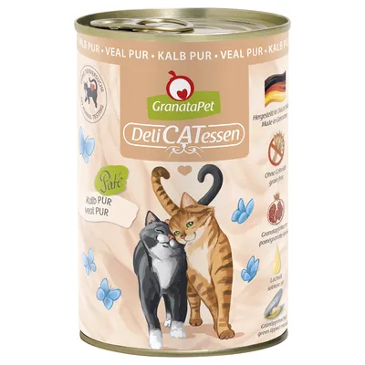 GranataPet DeliCATessen vițel PUR, pateu. Produs în Germania, fără cereale, cu semințe de rodie, ulei de somon și midie cu cochilie verde. Fără teste pe animale.
