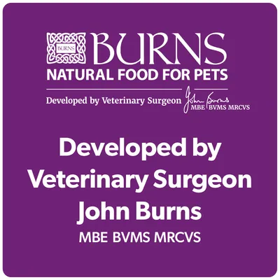 Burns Natural Food for Pets, developed by Veterinary Surgeon John Burns MBE BVMS MRCVS.
