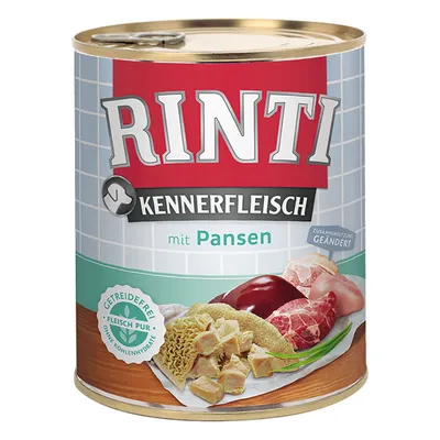 Konzerva Rinti Kennerfleisch mit Pansen, prikaz mesa i iznutrica na etiketi. Tekst: Getreidefrei, Fleisch pur, ohne Kohlenhydrate, Zusammensetzung geändert.