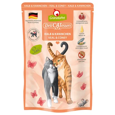 GranataPet DeliCATessen μοσχάρι & κουνέλι, πατέ. Παρασκευάζεται στη Γερμανία, χωρίς δοκιμές σε ζώα, με σπόρους ροδιού, λάδι σολομού, πράσινο χειλικό μύδι, χωρίς δημητριακά.