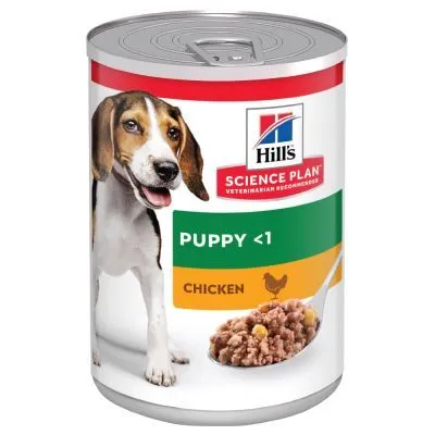 Konzerva Hill's Science Plan Puppy <1 Chicken, obrázok mletého mäsa a kuraťa, zelený a oranžový štítok, určené pre šteňatá do 1 roka.