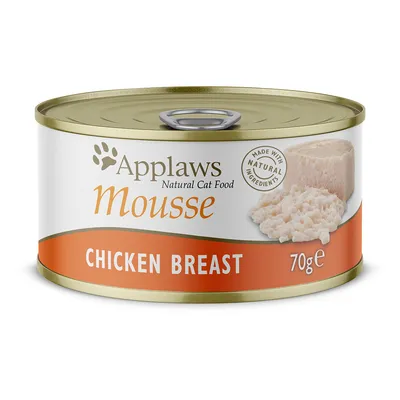 Applaws Natural Cat Food Mousse Chicken Breast, 70 g. Tekst: Made with natural ingredients. Blik met afbeelding van mousse en kipfilet.