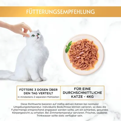 Fütterungsempfehlung: Füttere 3 Dosen über den Tag verteilt in mindestens 2 Mahlzeiten für eine durchschnittliche Katze von 4kg. Frisches Trinkwasser sollte stets verfügbar sein.