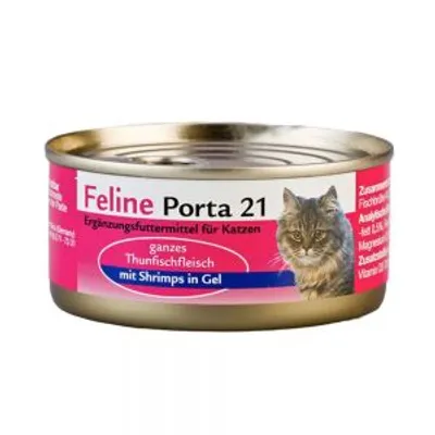 Feline Porta 21, alimento complementare per gatti, ganzer Thunfischfleisch mit Shrimps in Gel. Testo in tedesco sull'etichetta.