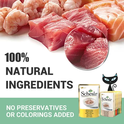 Schesir. 100% NATURAL INGREDIENTS. NO PRESERVATIVES OR COLORINGS ADDED. Tekst na engleskom jeziku, prikaz sirovih komada ribe i škampi te pakiranja Schesir hrane za mačke.