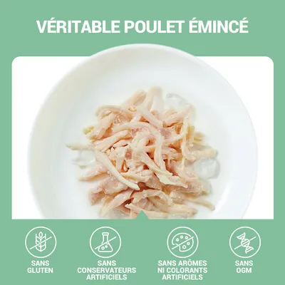 Véritable poulet émincé dans une assiette. Sans gluten, sans conservateurs artificiels, sans arômes ni colorants artificiels, sans OGM.