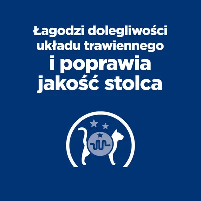 Produkt łagodzi dolegliwości trawienne i poprawia jakość stolca. Symbol z kotem i psem, przedstawiający układ trawienny. Produkt łagodzi dolegliwości trawienne i poprawia jakość stolca. Symbol z kotem i psem, przedstawiający układ trawienny.