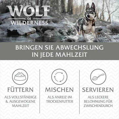 Wolf of Wilderness. Bringen Sie Abwechslung in jede Mahlzeit: Füttern als vollständige Mahlzeit, Mischen ins Trockenfutter, Servieren als Belohnung für zwischendurch.