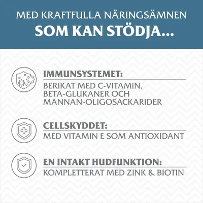 Med kraftfulla näringsämnen som kan stödja immunsystemet, cellskyddet och en intakt hudfunktion. Berikat med C-vitamin, beta-glukaner, vitamin E, zink och biotin.