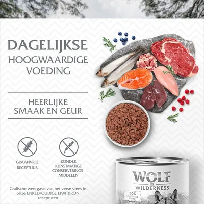 Dagelijkse hoogwaardige voeding. Heerlijke smaak en geur. Graanvrije receptuur. Zonder kunstmatige conserveringsmiddelen. Wolf of Wilderness 100% grain-free recipe.