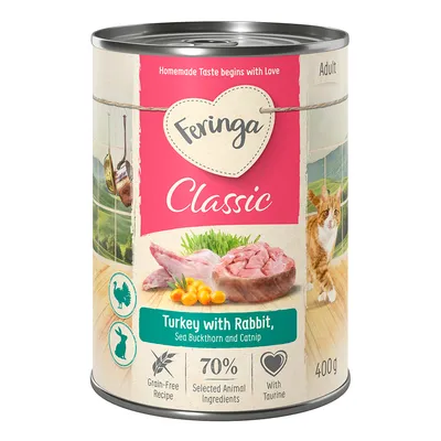 Feringa Classic adult, Kalkoen met Konijn, Duindoorn en Kattenkruid, grainfree recept, 70% geselecteerde dierlijke ingrediënten, met taurine, 400g blik. Feringa Classic adult, Kalkoen met Konijn, Duindoorn en Kattenkruid, grainfree recept, 70% geselecteerde dierlijke ingrediënten, met taurine, 400g blik.