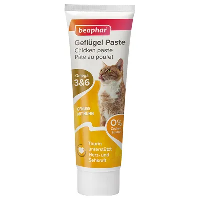 Beaphar pâte à la volaille avec oméga 3 & 6, poulet, 0% de sucre ajouté. La taurine soutient le cœur et la vue.