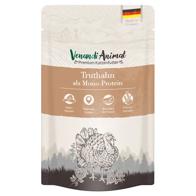 Venandi Animal Premium karma dla kotów, indyk jako jedno źródło białka. Naturalne, regionalne składniki, dużo mięsa, bez zbóż. Wyprodukowano w Niemczech.