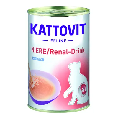 Konzerva Kattovit Feline NIERE/Renal-Drink mit Ente, obrázek misky s tekutinou a silueta kočky s ledvinovým motivem na obalu.