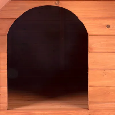 Entrée d’une niche en bois, forme arrondie, planches horizontales visibles, intérieur sombre sans accessoires ni animaux.