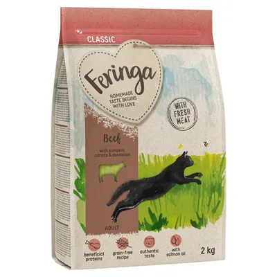 Feringa Classic Trockenfutter für Katzen, Sorte Rind mit Kürbis, Karotten und Löwenzahn, getreidefrei, mit frischem Fleisch, 2 kg Packung.
