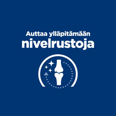 Auttaa ylläpitämään nivelrustoa. Symboligrafiikka, jossa nivel ja tähtiä sinisellä taustalla.