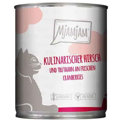 Mjamjam консервa: кулинарный олень и индейка с свежей клюквой. Без зерна, много мяса.