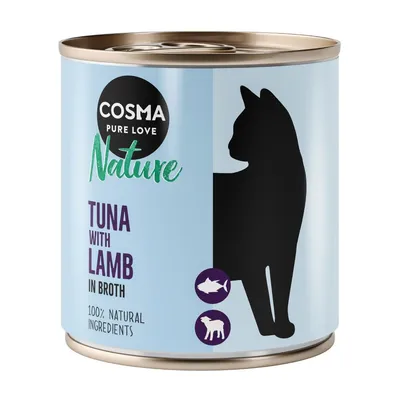Boîte Cosma Pure Love Nature, TUNA WITH LAMB IN BROTH, 100% NATURAL INGREDIENTS, silhouette de chat, icônes thon et agneau visibles sur l’étiquette.