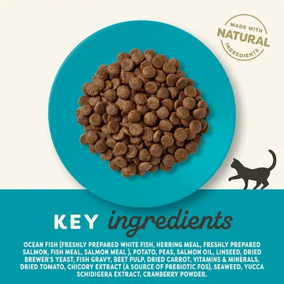 Sastojci: ocean fish, bijela riba, haringa, losos, riblje brašno, krumpir, grašak, lososovo ulje, lan, suhi kvasac, cikla, mrkva, rajčica, cikorija, alge, ekstrakt yucca, brusnica.