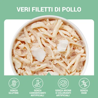 Veri filetti di pollo. Senza glutine, senza conservanti artificiali, senza aromi o coloranti artificiali, senza OGM.