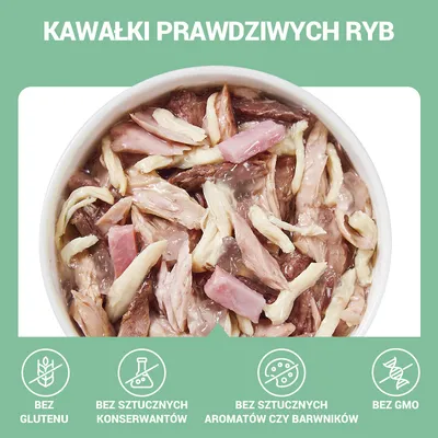 Kawałki prawdziwych ryb. Bez glutenu, bez sztucznych konserwantów, bez sztucznych aromatów czy barwników, bez GMO.