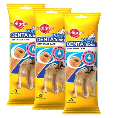 Three packs of Pedigree Puppy DentaTubos First Stage Care, each containing 3 chicken-flavoured treats. Packaging highlights 'tasty and kind to teeth' and 'rich in calcium'.